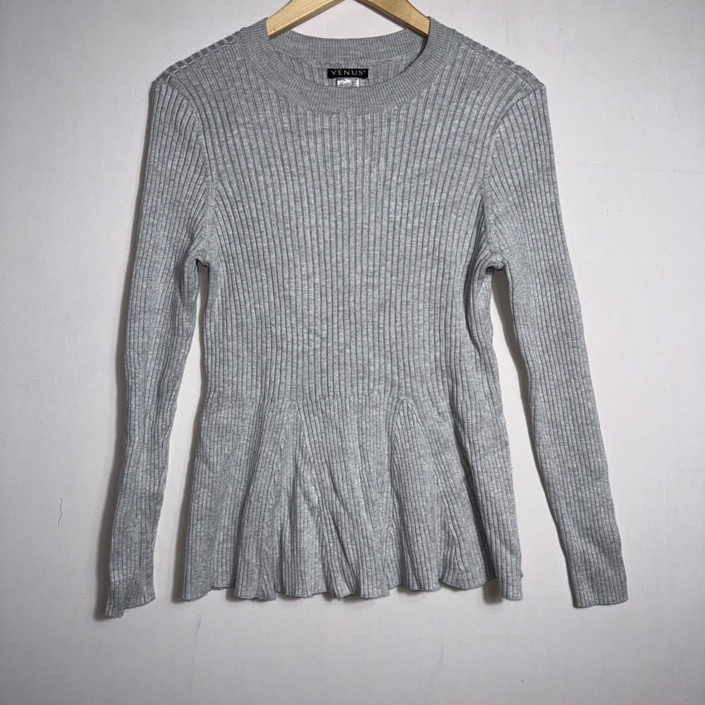 Venus Women's Ribbed Knit Peplum‎ Sweater Top Long Sleeve Grey XL